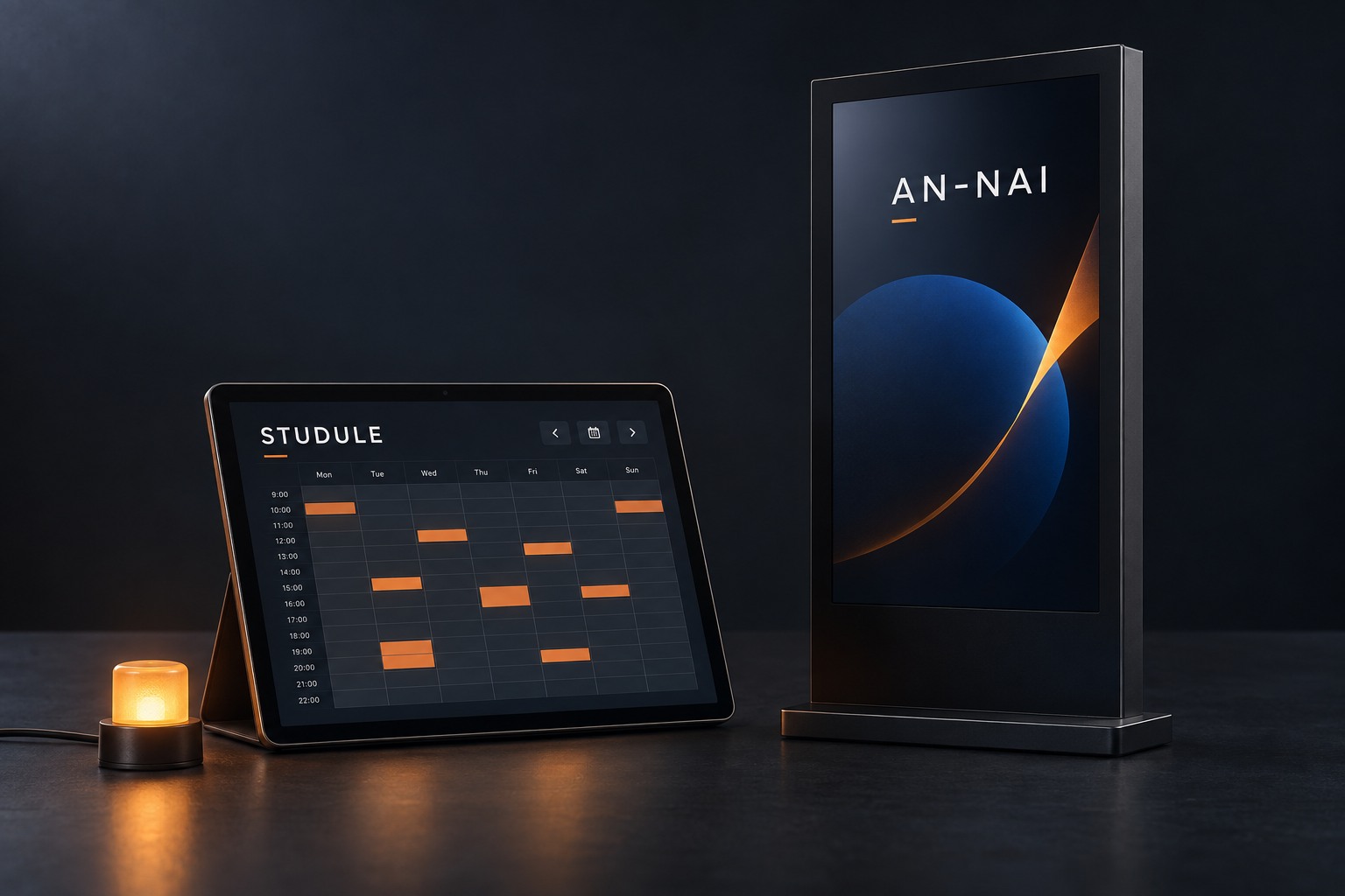 STUDULEの予約管理端末とAN-NAIの縦型案内ディスプレイの紹介イメージ
